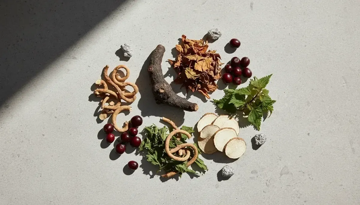 Dried roots, curled bark, red berries, nettle leaves and small mineral stones arranged on a gray stone surface