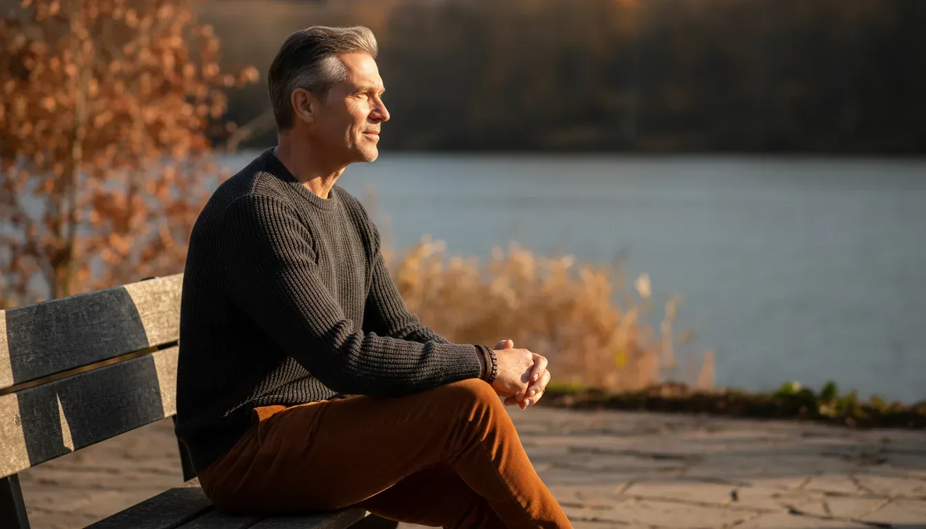 Gray-haired man in a dark sweater sitting on a wooden bench by a lake in autumn light