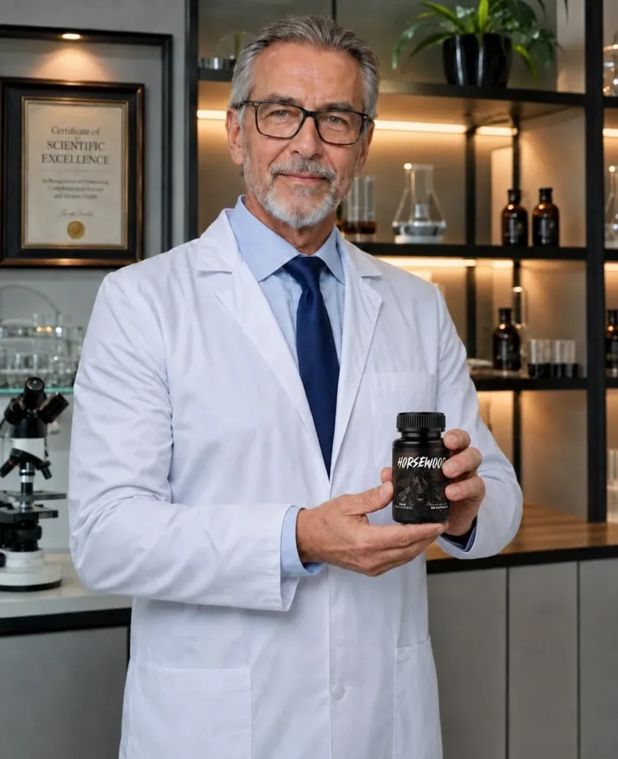 Gray-haired man in a white lab coat and blue tie holding a Horsewood bottle in a lab