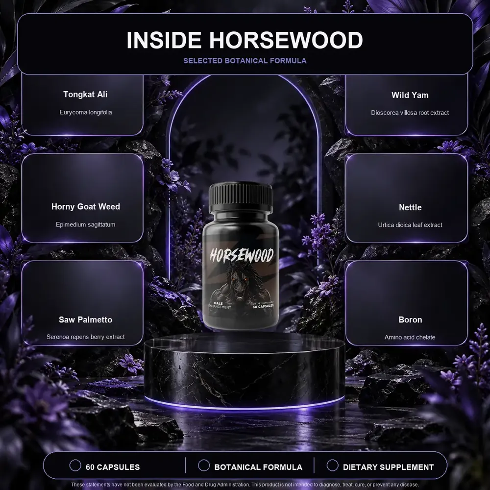 Inside Horsewood graphic with tiles for tongkat ali, horny goat weed, saw palmetto, wild yam, nettle and boron around the bottle