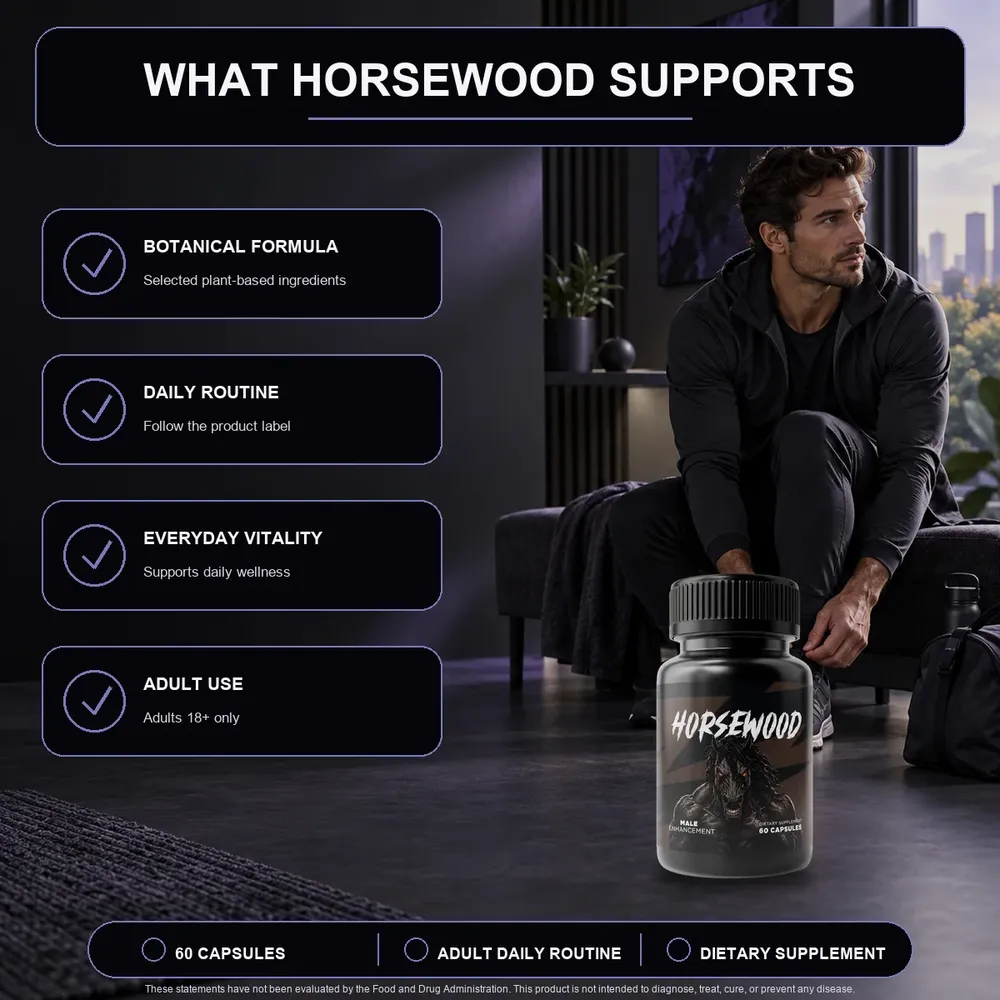 What Horsewood Supports graphic listing botanical formula, daily routine, everyday vitality and adult use beside a man tying his shoe