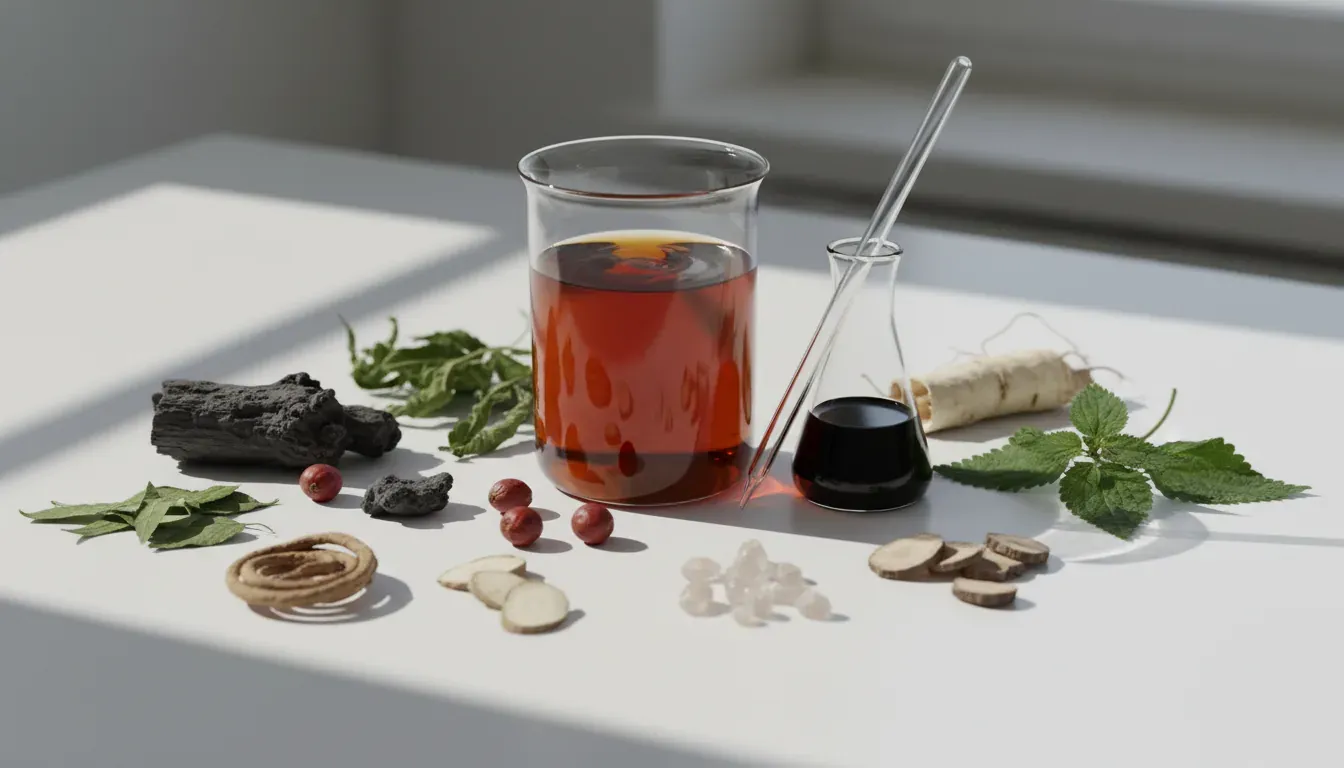 Beaker of amber liquid and a small flask on a white table with roots, nettle leaves, red berries and mineral crystals