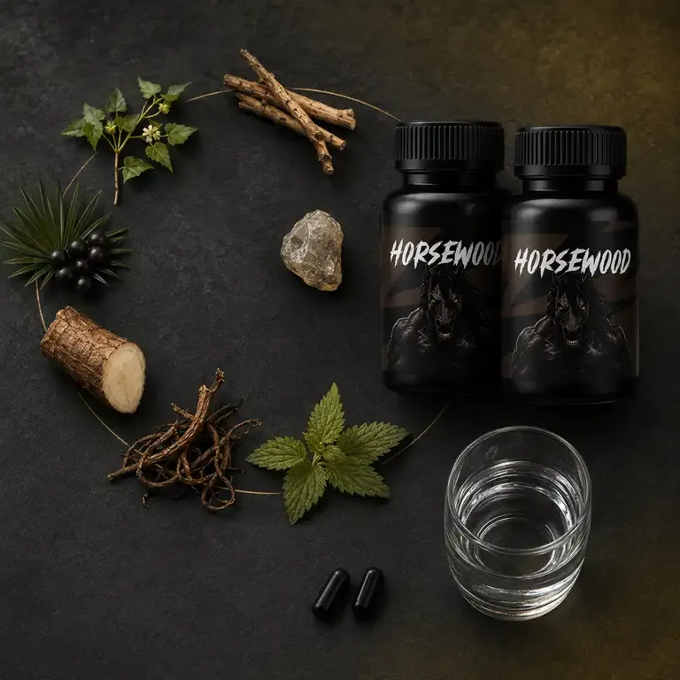 Two Horsewood bottles on dark slate beside nettle, roots, berries, a mineral stone, two black capsules and a glass of water
