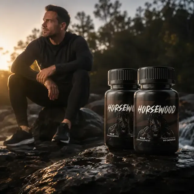 Man in black workout clothes resting on a rock at sunset near two Horsewood bottles