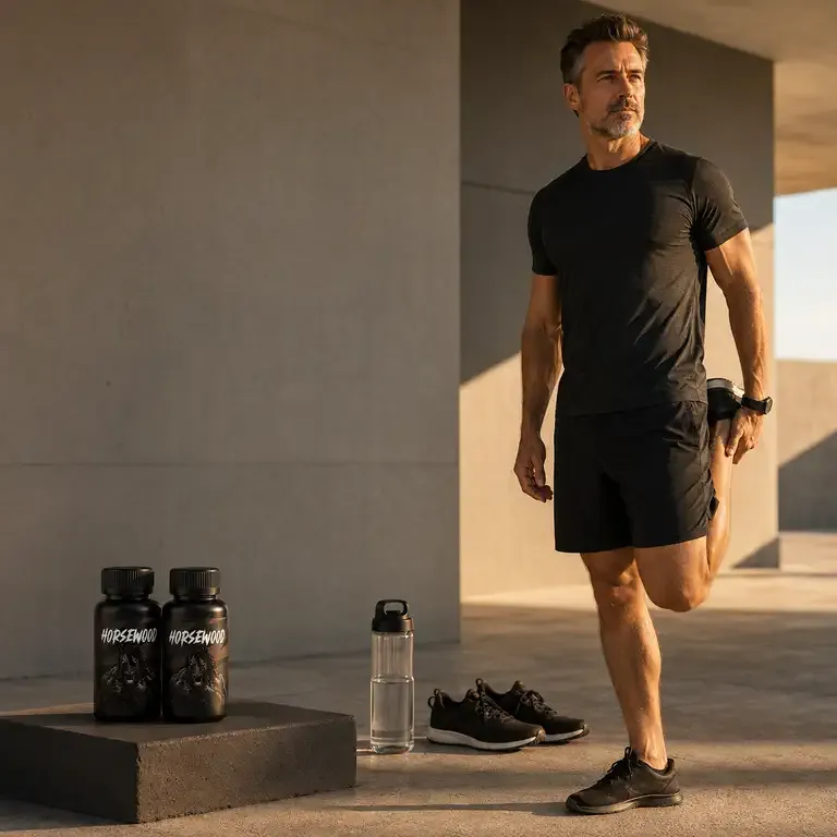Fit gray-bearded man stretching his leg in a sunny concrete courtyard beside two Horsewood bottles, a water bottle and sneakers