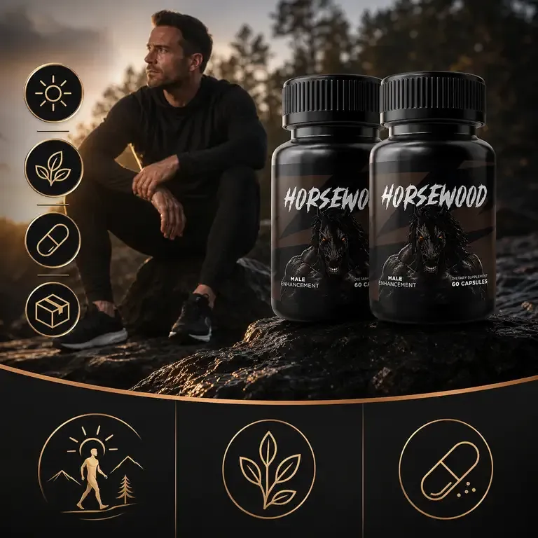Man sitting on a dark rock at dusk with two Horsewood bottles, with icons for sun, leaf, capsule and box
