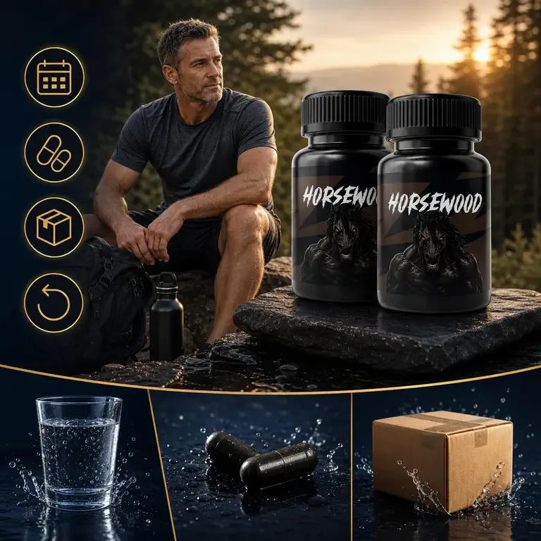 Man in a gray T-shirt on a forest trail with a backpack and two Horsewood bottles, above a glass of water, two capsules and a box
