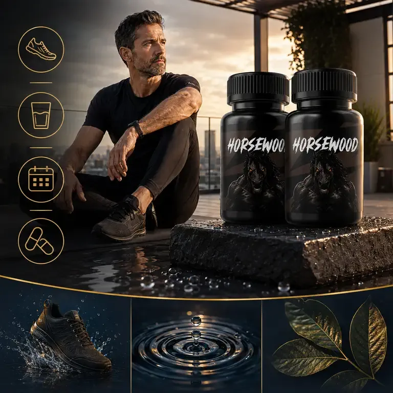 Man sitting on a city rooftop at dusk beside two Horsewood bottles, with shoe, water, calendar and capsule icons
