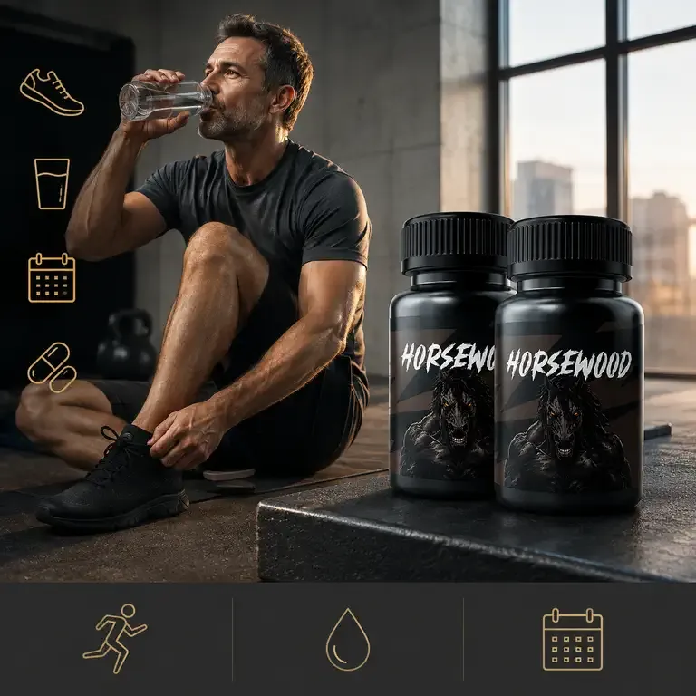 Man drinking water on a gym floor next to two Horsewood bottles, with running, water and calendar icons