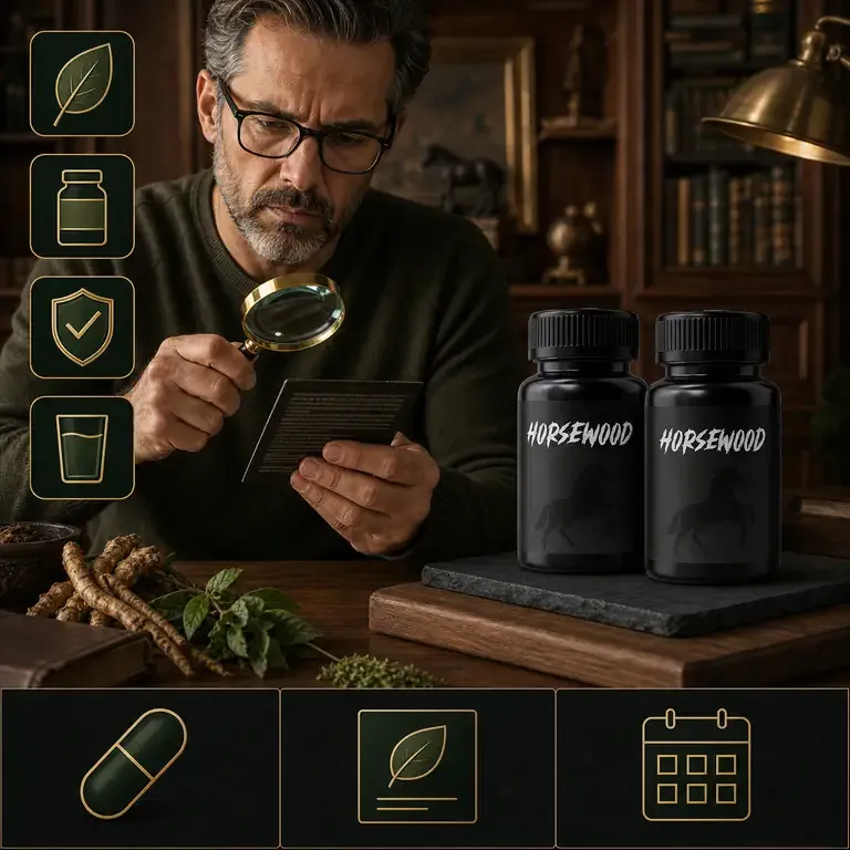Man in glasses studying a label with a magnifying glass at a wooden desk beside two Horsewood bottles and dried roots