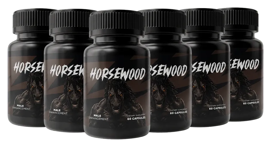 Six dark Horsewood bottles with the horse-head label in a row