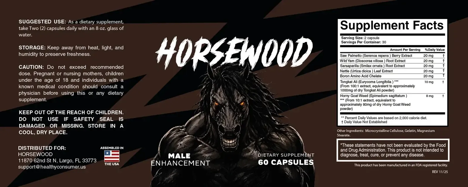 Full Horsewood label: suggested use, storage and caution text, the horse-head front panel reading Male Enhancement, 60 capsules, and the Supplement Facts panel