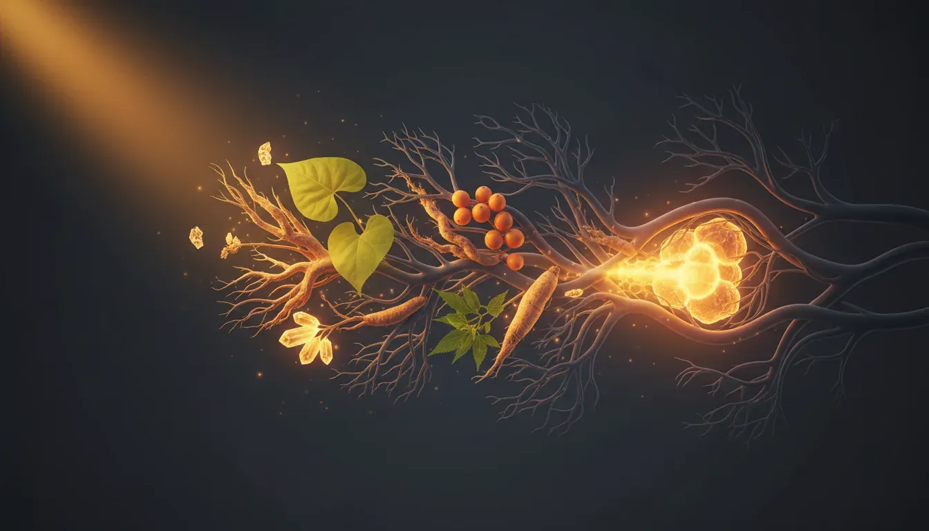 Artwork of roots, leaves and berries woven into glowing branch-like vessels on a dark background